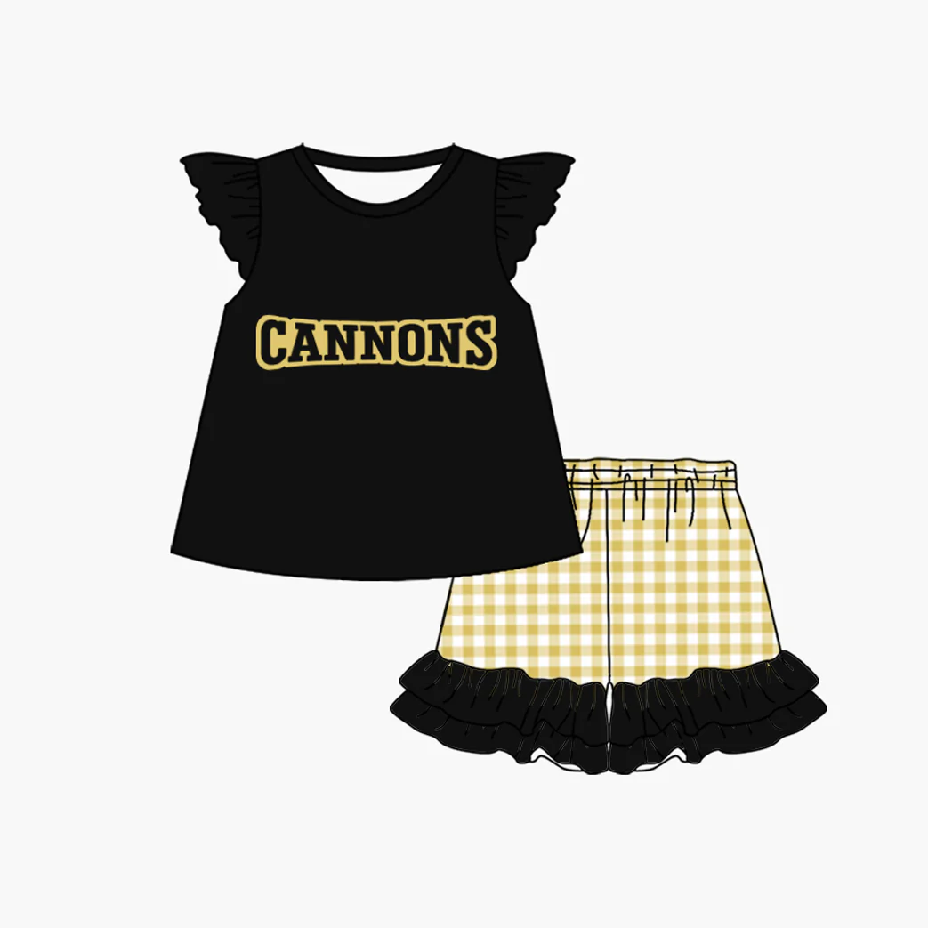 Baby Girl Short Sleeves Team Tunic Ruffle Checked Shorts Clothes Set ( Moq 5 )