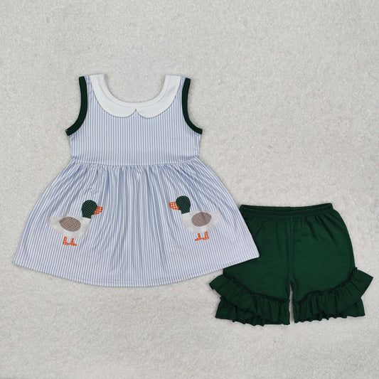 Baby Girl Sleeveless Stripes Ducks Tunic Green Ruffle Shorts Clothes Set
