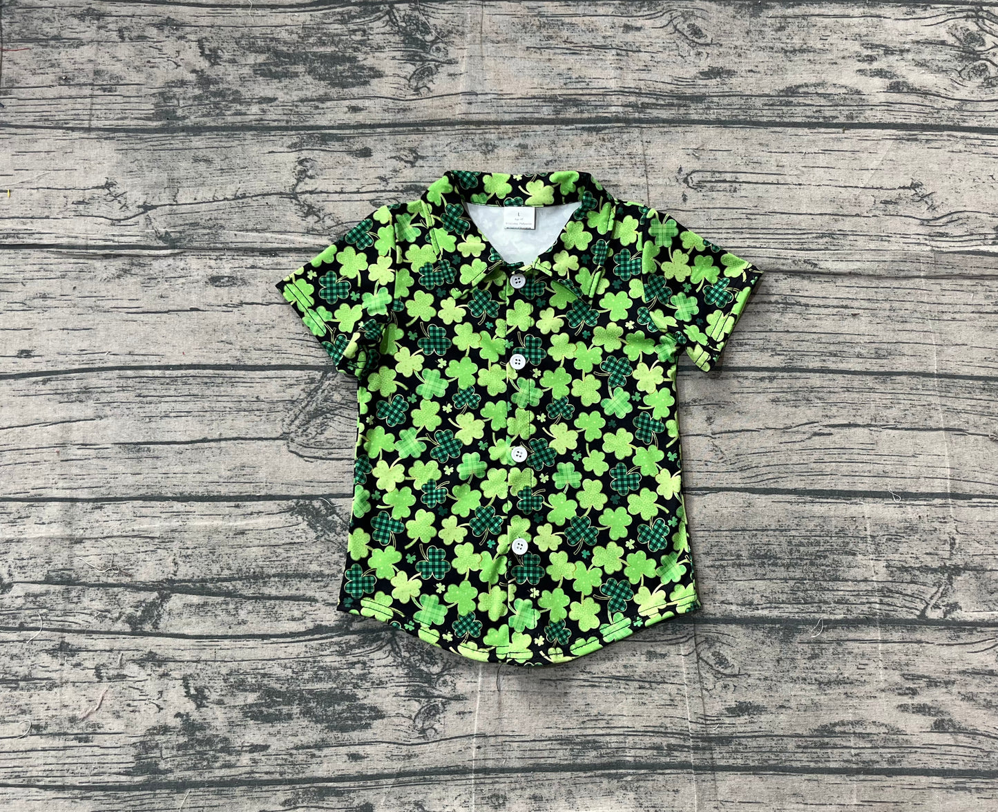 ( No moq ) Preorder Baby Boys Short Sleeves St Patrick Buttons Green Clovers Shirt Tops