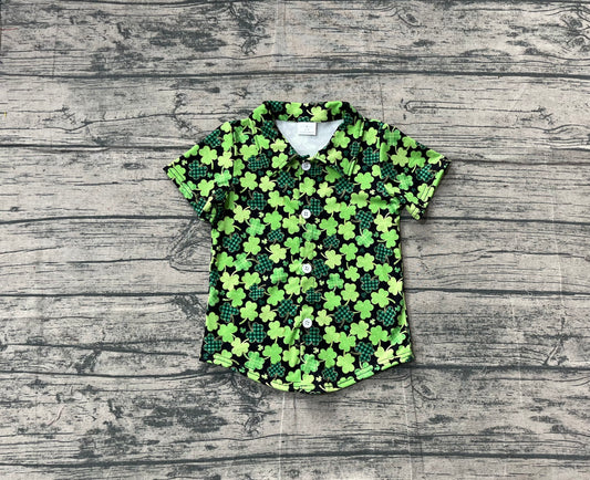 ( No moq ) Preorder Baby Boys Short Sleeves St Patrick Buttons Green Clovers Shirt Tops