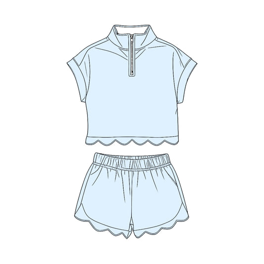 ( Moq 5 ) Preorder Baby Girls Kids Short Sleeves Zipper Shirt Scallop Shorts Set Blue Clothes