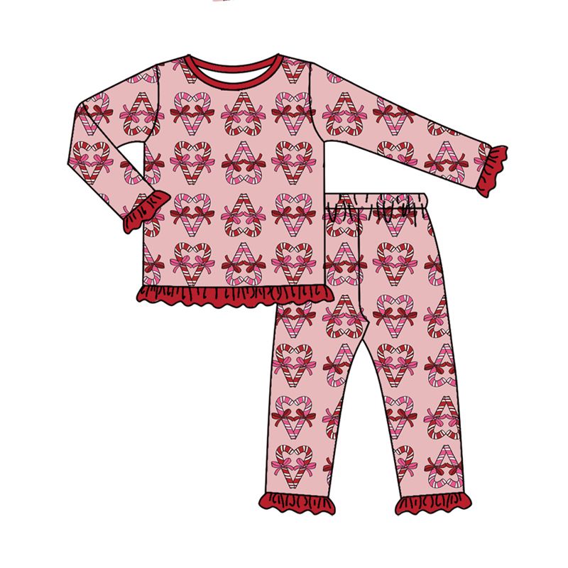 ( Moq 5 ) Preorder Baby Girls Kids Long Sleeves Christmas Candy Cane Bows Shirt Pants Set Pajamas Clothes