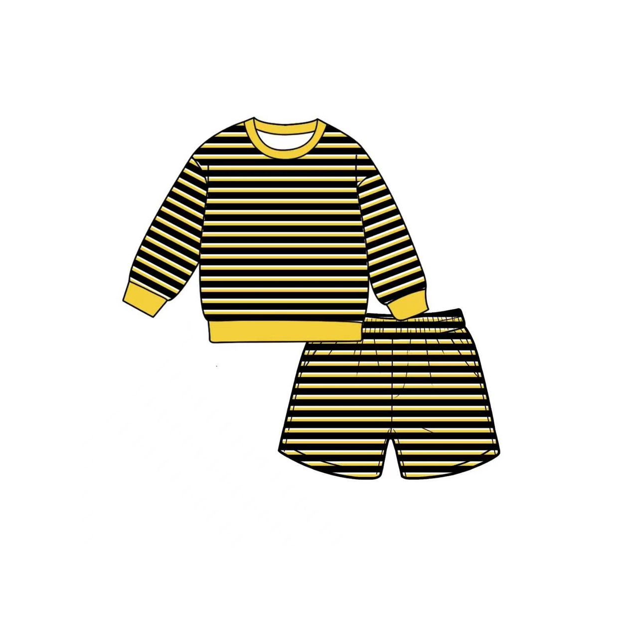( Moq 5 ) Preorder Baby Girls Kids Long Sleeves Yellow Black Stripes Shirt Shorts Set Yoga Active Clothes