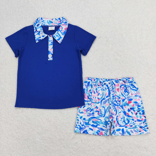 Baby Boy Short Sleeves Blue Cotton Shirt Floral Shorts Summer Set