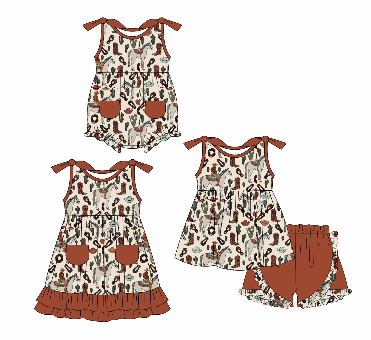 Baby Girl Western Straps Horse Sibling Romper Dress Set ( Moq 5 Each Style ) 1.18