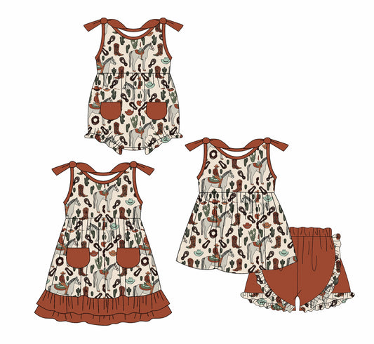Baby Girl Western Straps Horse Sibling Romper Dress Set ( Moq 5 Each Style ) 1.18
