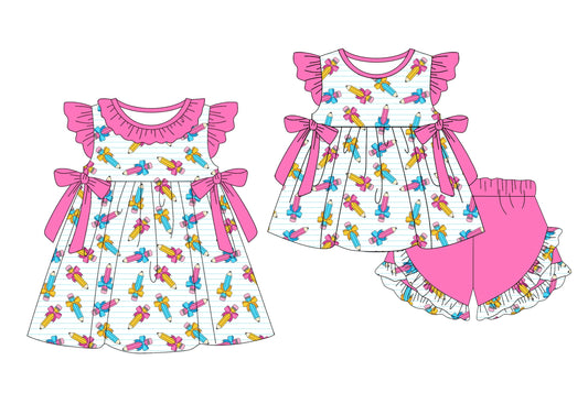 Baby Girl Back To School Pencil Bows Pink Sibling Dress Set ( Moq 5 Each Style ) 1.17