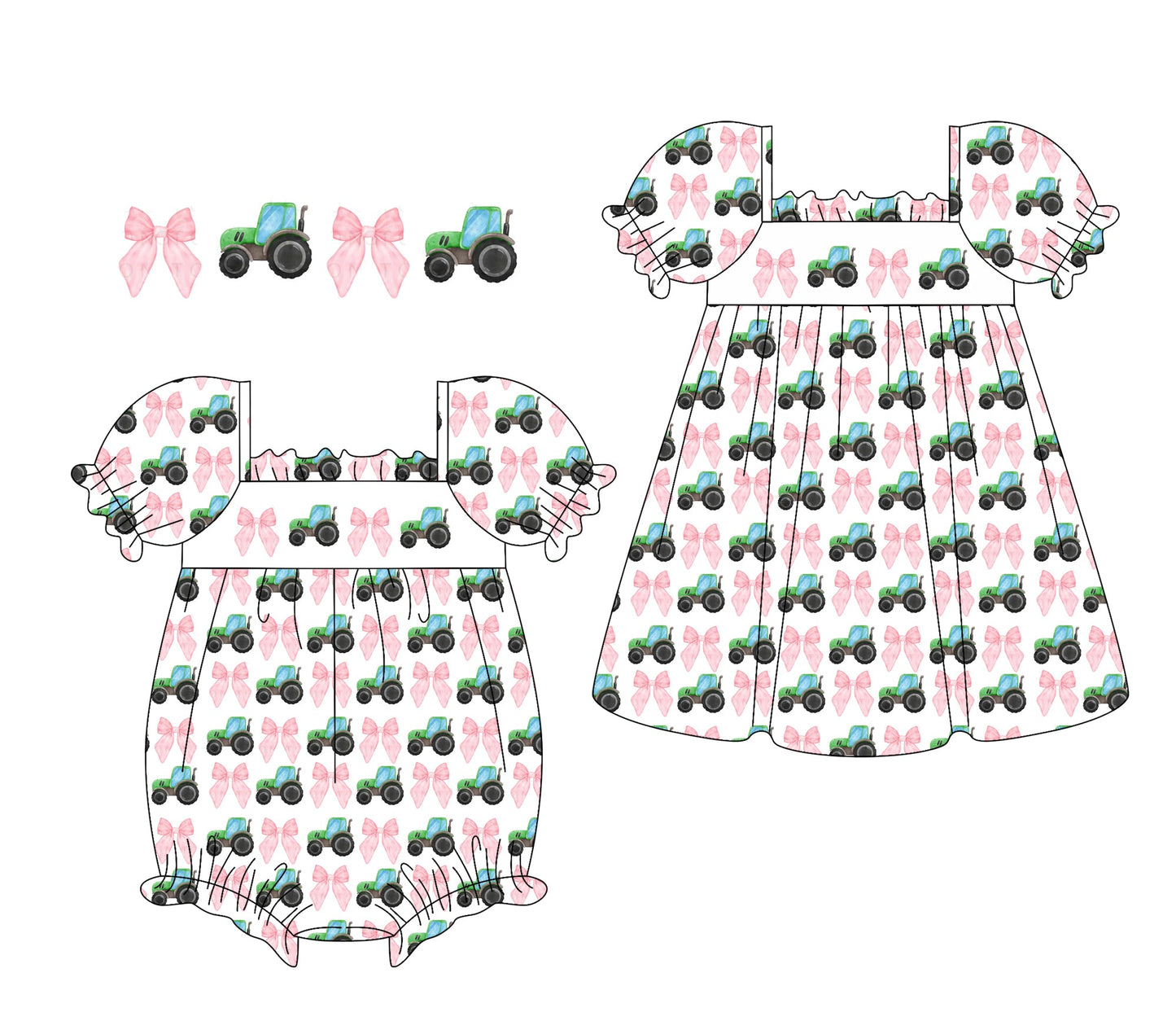 Baby Girl Tractors Pink Bows Sibling Romper Dress ( Moq 5 Each Style ) 1.23