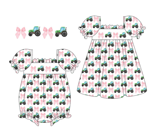 Baby Girl Tractors Pink Bows Sibling Romper Dress ( Moq 5 Each Style ) 1.23