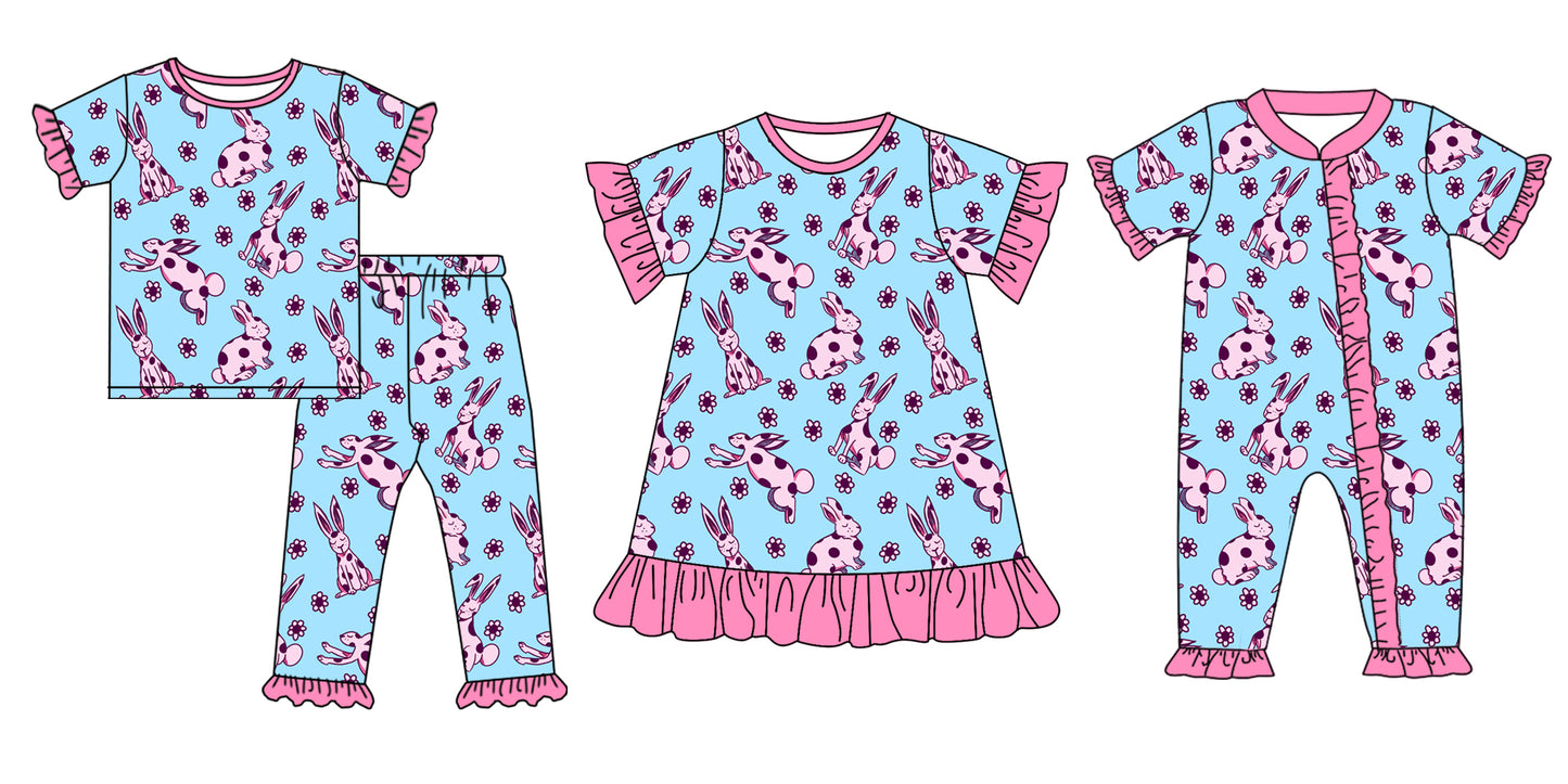 Baby Girl Short Sleeves Rabbits Flower Easter Sibling Romper Dress Clothes Set ( Moq 5 Each Design )11.26