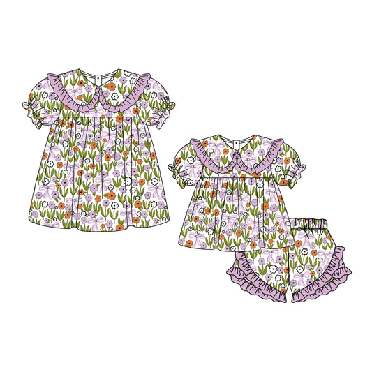 ( Moq 5 Each Style ) Baby Girls Kids Purple Flower Bows Short Sleeves Sibling Summer Dress Set