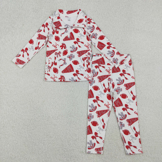 Kids Girls Red Grey Bows Pockets Zipper Shirt Pants Yoga Football Cheer Set RTS