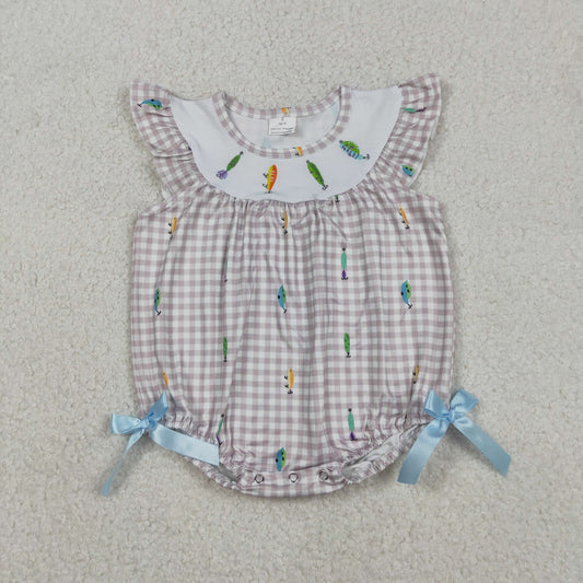 Baby Girls Short Sleeves Embroidery Fishing Plaid Bows Bubble Romper RTS
