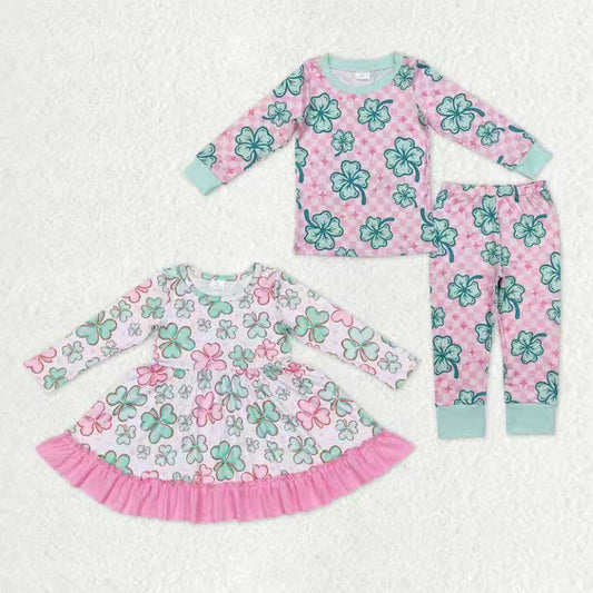 Sibling Baby Girls Kids Long Sleeves Clovers St. Patrick's Day Twirl Dress Pajamas Set RTS