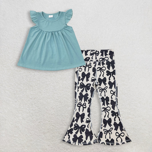 Baby Girls Kids Short Sleeves Green Tunic Black Bows Bell Pants Set Clothes RTS