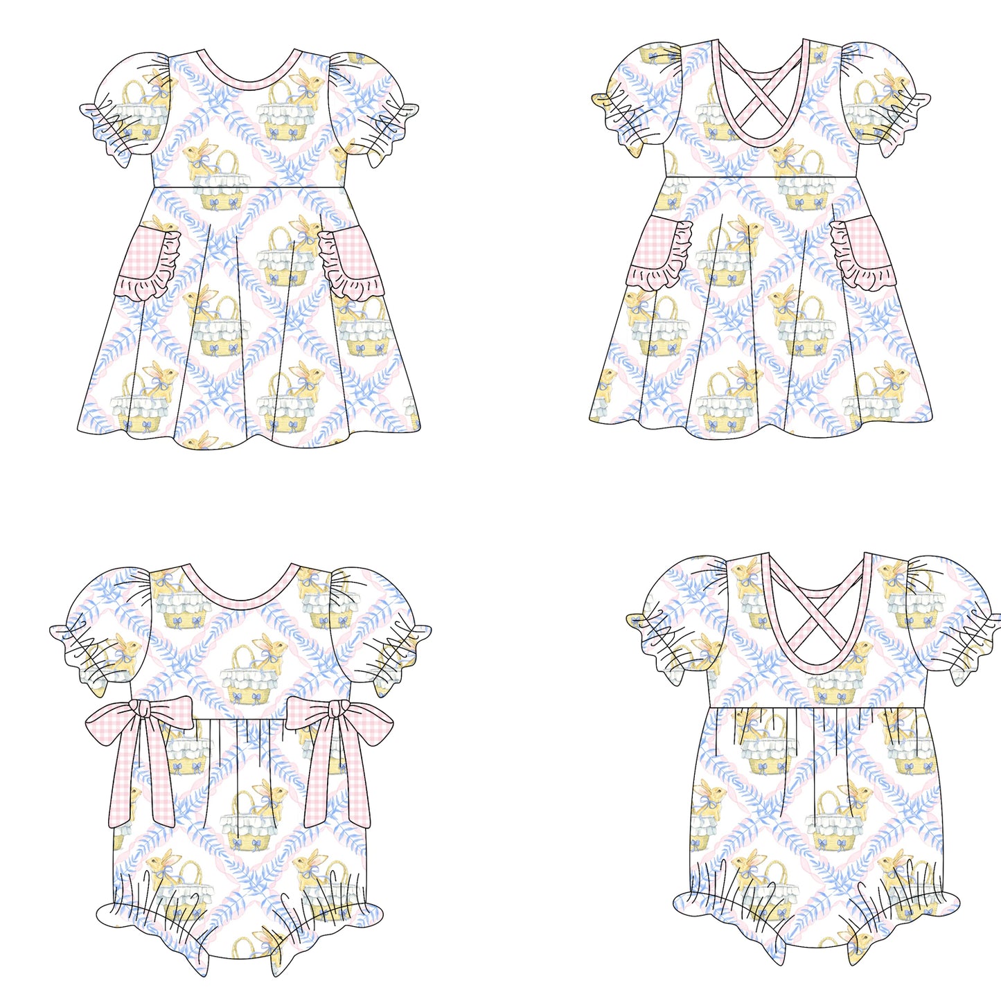 ( Moq 5 Each Style ) Girls Kids Short Sleeves Rabbits Baskets Easter Sibling Romper Dress