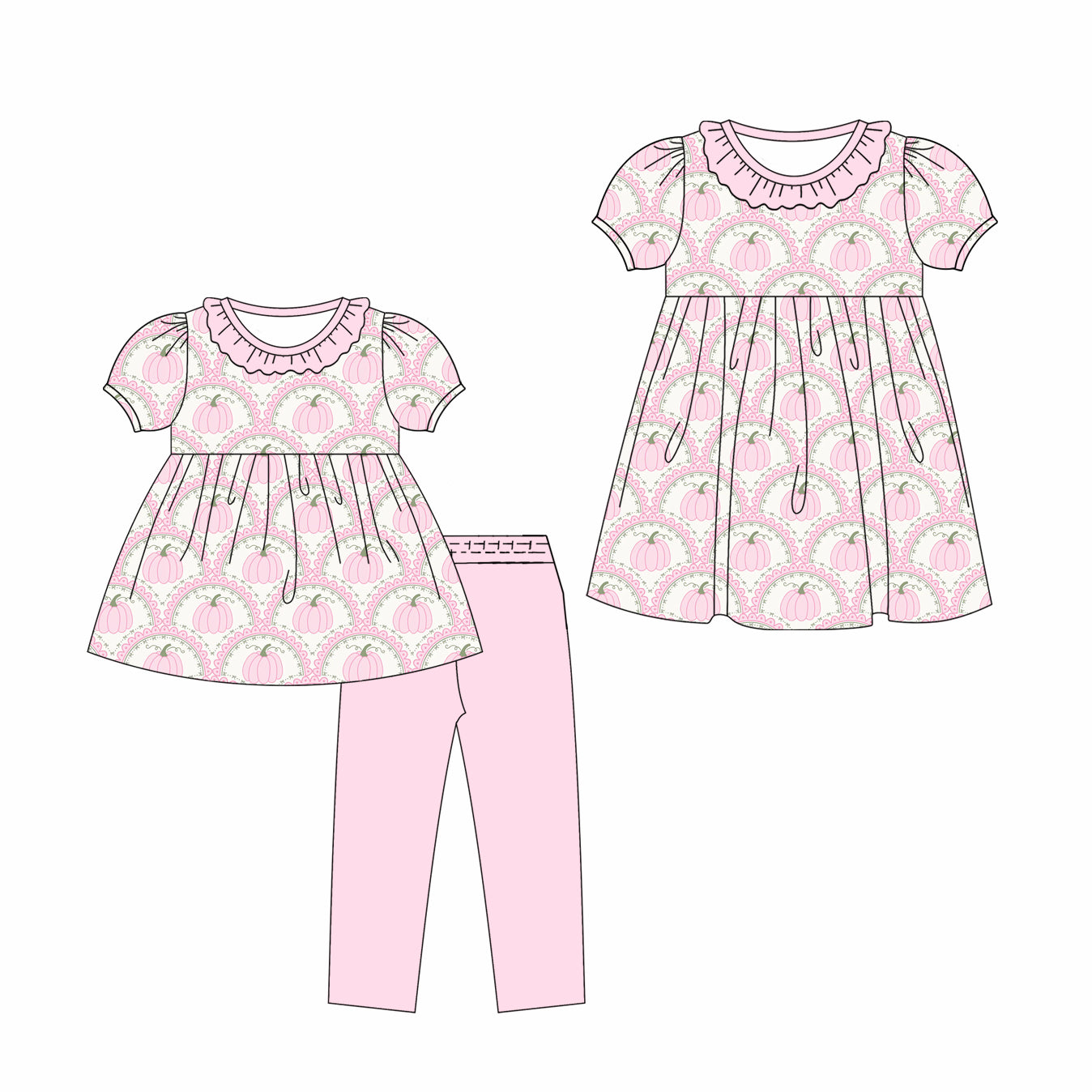 ( Moq 5 Each Style ) Sibling Baby Girls Kids Short Sleeves Pink Pumpkins Dress Set Fall Clothes