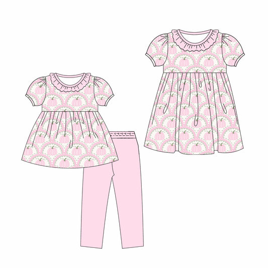 ( Moq 5 Each Style ) Sibling Baby Girls Kids Short Sleeves Pink Pumpkins Dress Set Fall Clothes