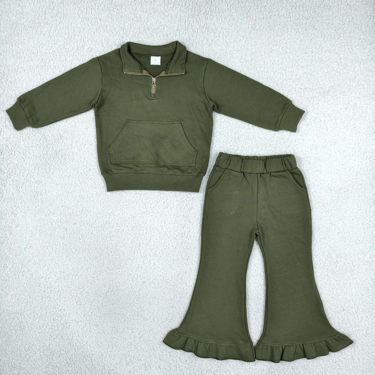 Baby Girls Kids Long Sleeves Zipper Shirt Pockets Pants Green Set Sweatsuit Cotton Clothes RTS