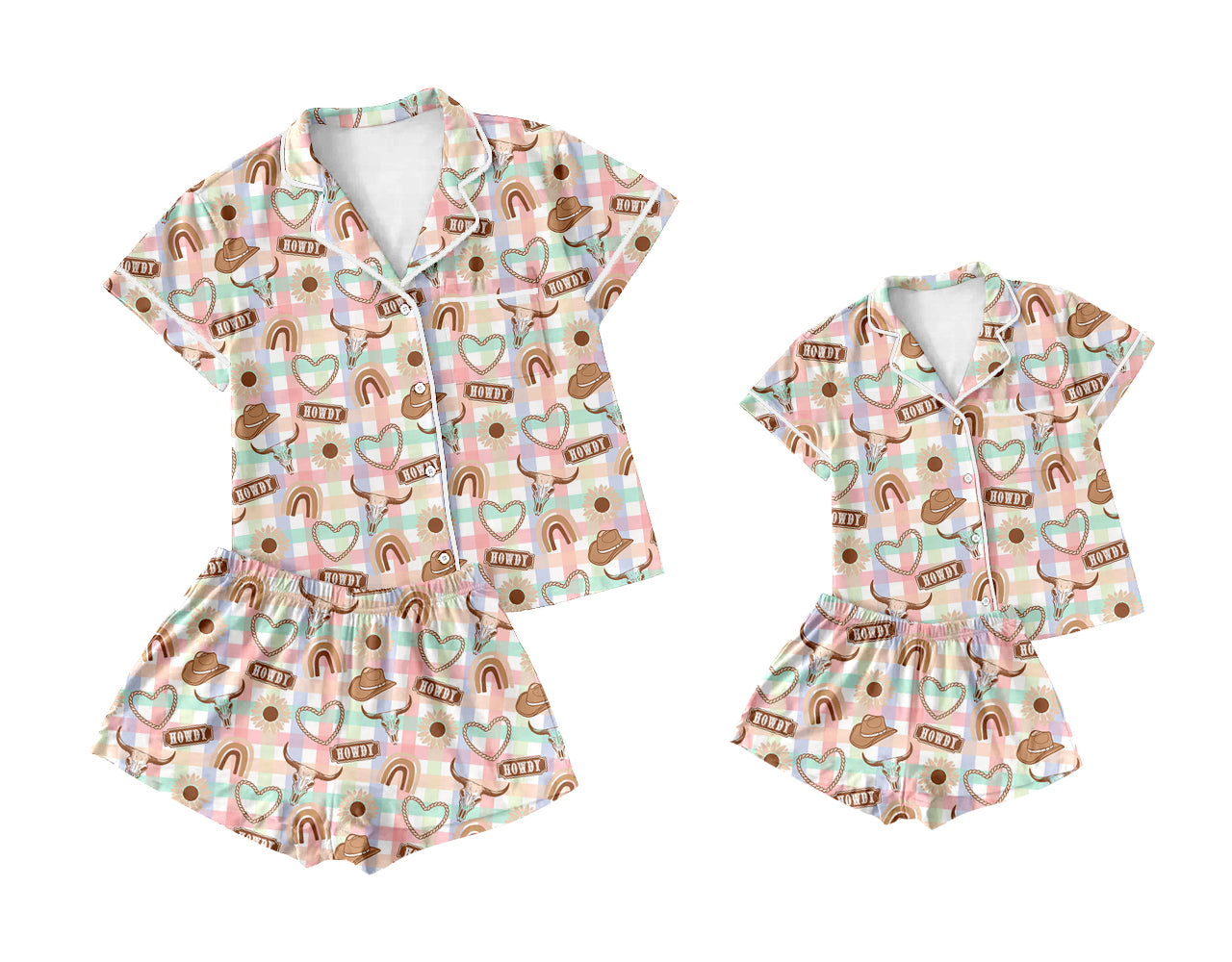 ( Moq 5 Each Style ) Baby Girl Adult Women Short Sleeves Western Shirt Shorts Sibling Mommy And Me Family Pajamas Sets