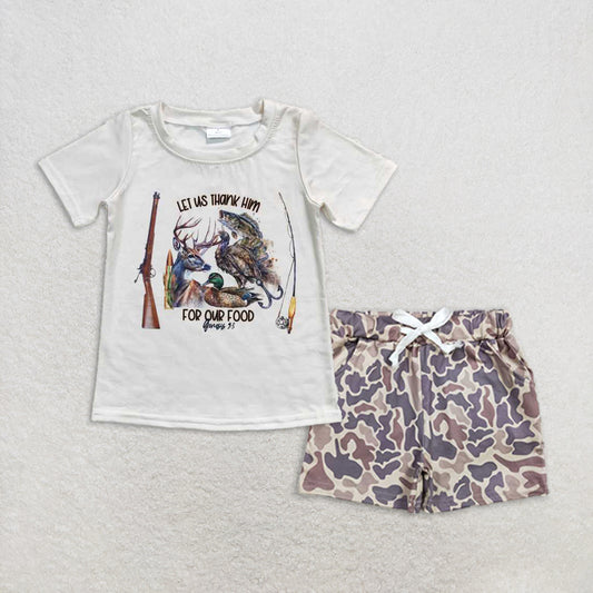 Baby Boy Short Sleeves Duck Deer Fish Shirt Camo Pockets Shorts Set RTS