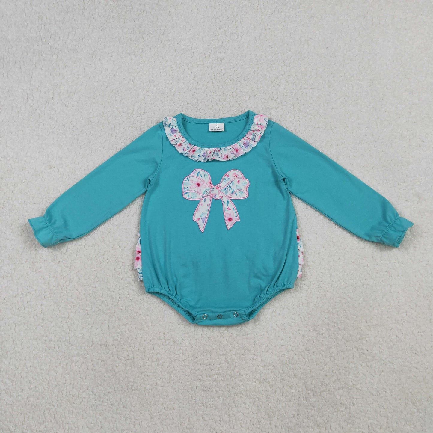 Baby Girl Long Sleeves Embroidery Floral Bow Ruffle Bubble Romper RTS