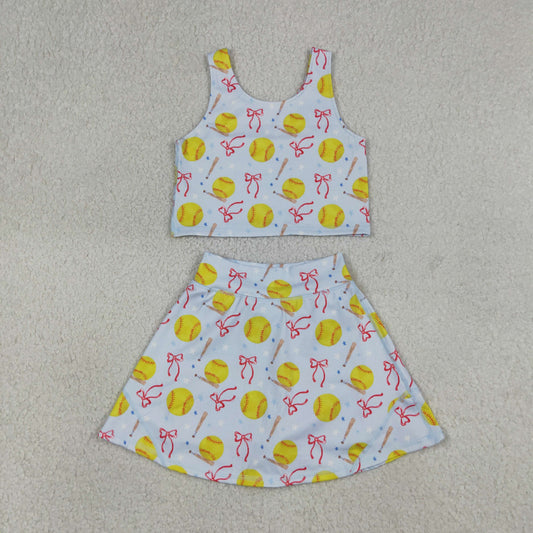 Baby Girls Kids Softball Bows Tops Blue Skirt Shorts Yoga Summer Set RTS