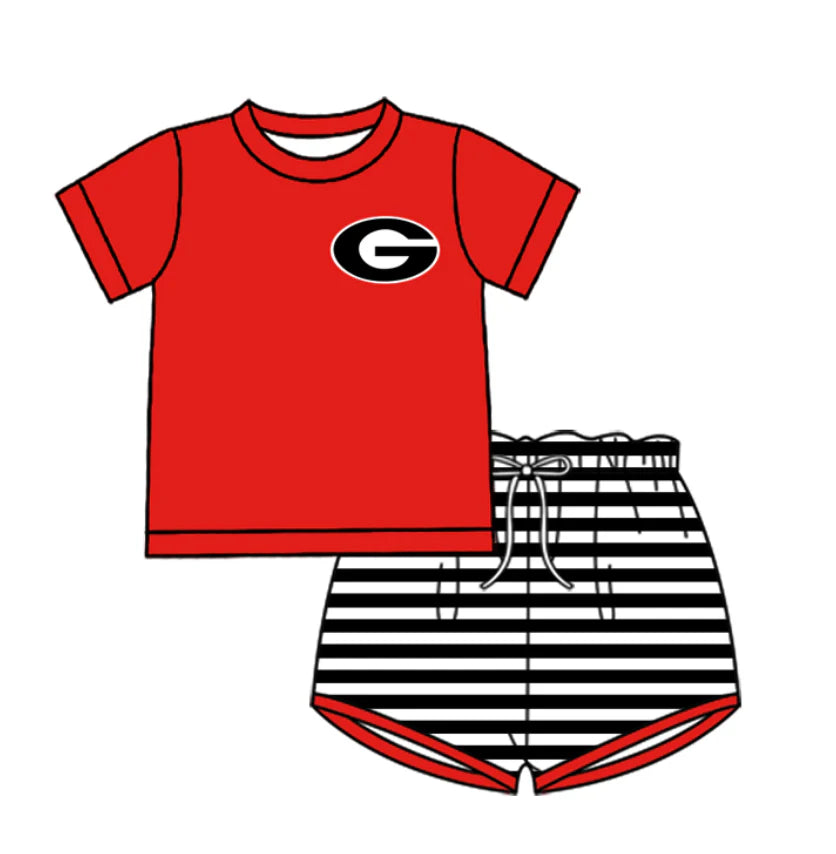 ( Moq 5 ) Baby Boys Short Sleeves G Red Shirt Stripes Shorts Team Clothes Set
