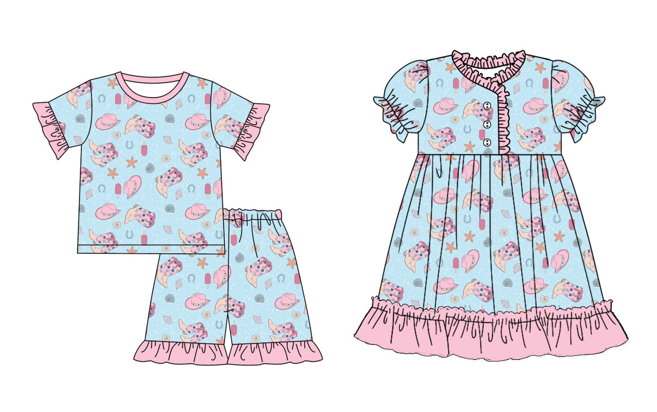 Baby Girl Short Sleeves Western Boots Hats Sibling Dress Set ( Moq 5 Each Style ) 1.3