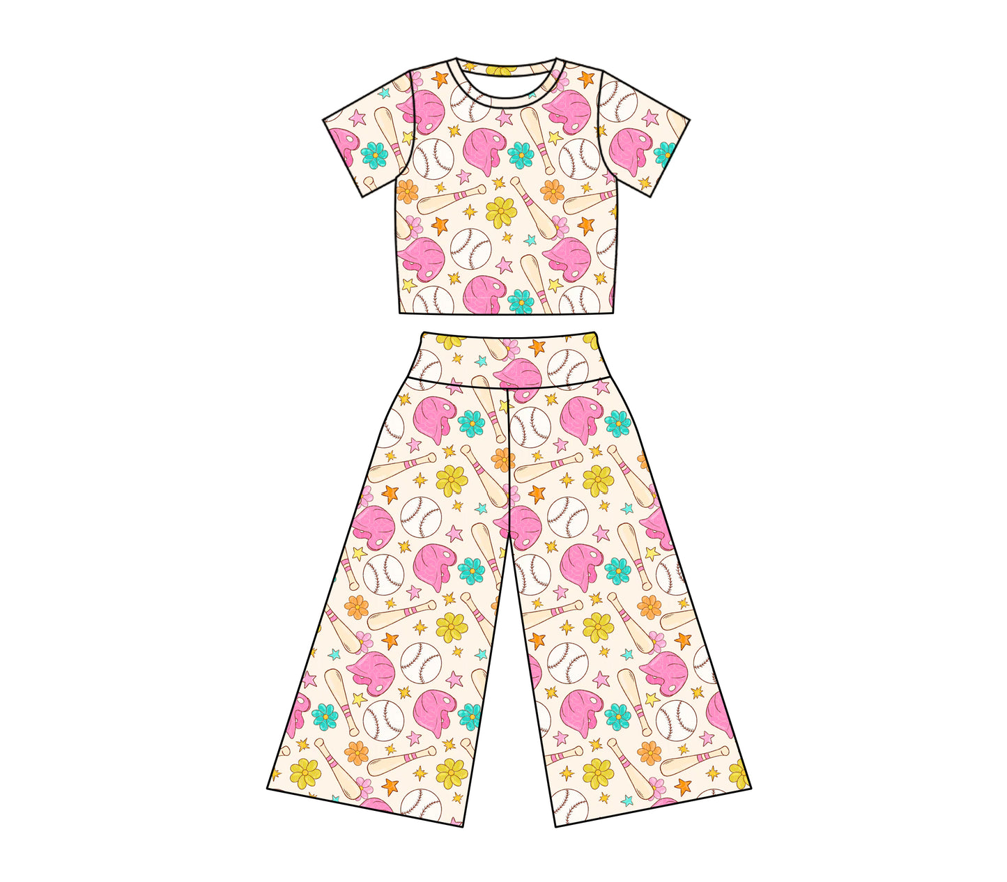 Baby Girl Toddler Short Sleeves Baseball Flower Shirt Pants Clothes Set Moq 5 (11.30)