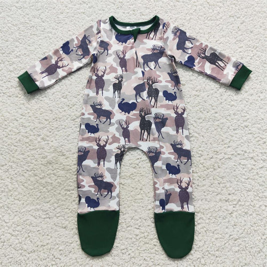 LR0519 Baby Boy Long Sleeves Zipper Camo Deer turkey Footie One Piece Romper