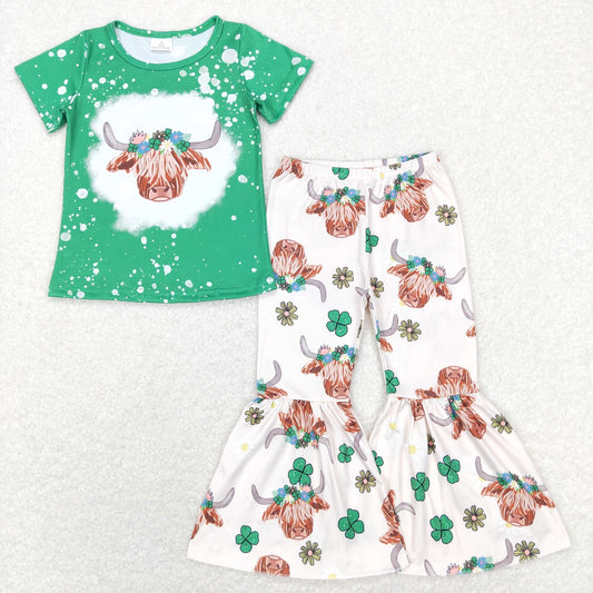 GSPO1180 St. Patrick's Day Baby Girl Short Sleeves Green Shirt Cow Print Bell Pants Set