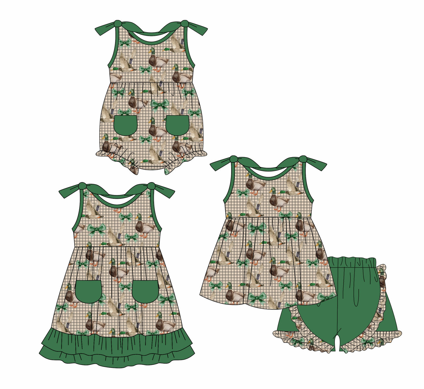 Baby Girl Ducks Green Bows Sibling Romper Dress Set ( Moq 5 Each Style ) 1.7