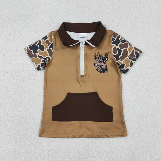 Baby Boys Camo Short Sleeves Deer Zipper Pocket Brown Pullover Shirt RTS