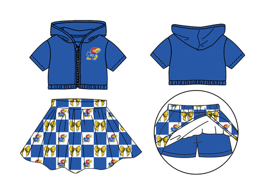( Moq 5 Each Style ) Baby Girls Short Sleeves Blue Hoodie Zipper Tops Bows Plaid Shorts Skirt Team Set