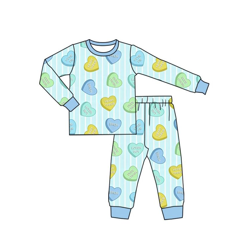 ( Moq 5 ) Preorder Baby Boys Kids Long Sleeves Valentine Hearts Stripes Shirt Pants Pajamas Set Clothes