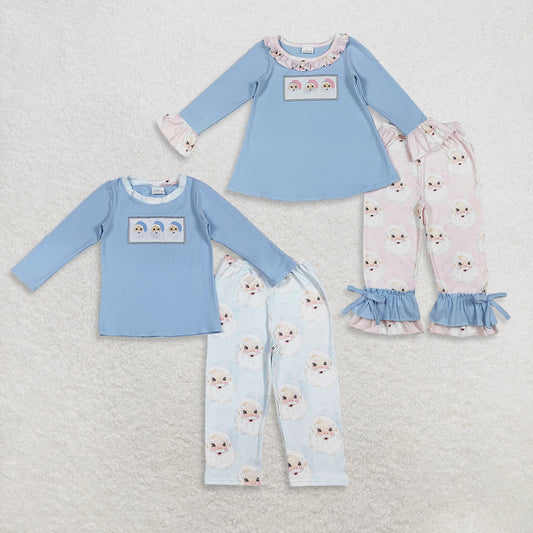 Sibling Girls Boys Kids Blue Long Sleeves Christmas Embroidery Santa Tops Pants Clothes Set RTS