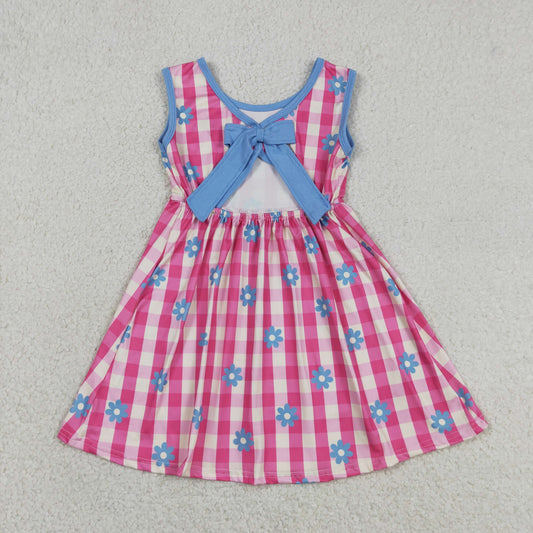 Baby Girls Kids Bows Sleeveless Pink Plaid Flower Knee Length Dress RTS