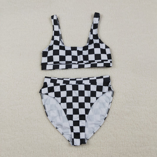 Adult Women Sleeveless Black Checked Tops Shorts Swimsuit Set RTS