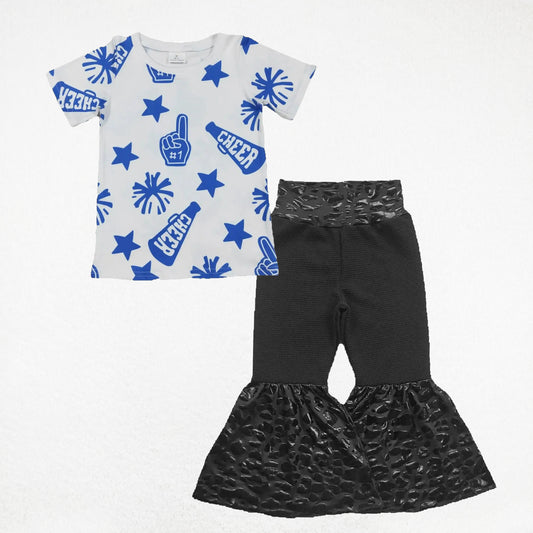 Baby Girl Short Sleeves Cheer Blue Shirt Black Leather Bell Pants Clothes Set RTS