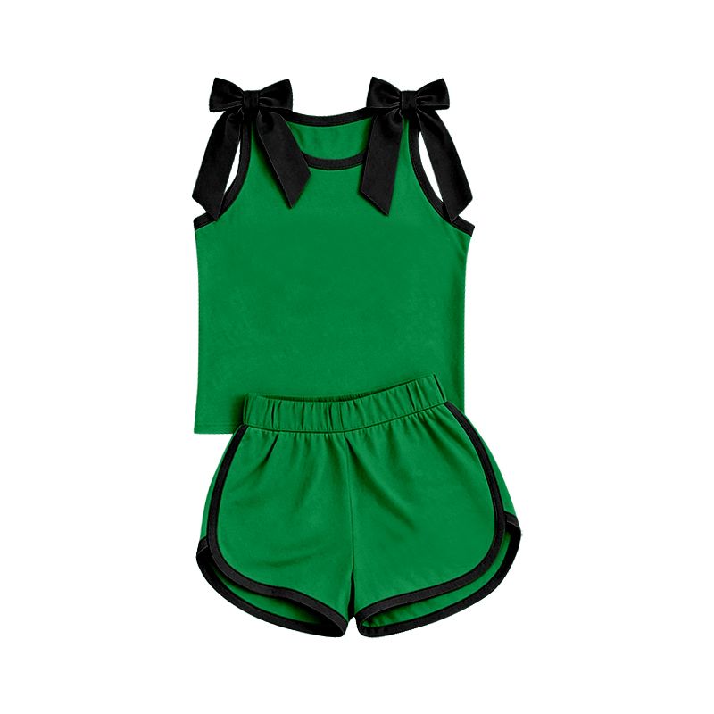 ( Moq 5 ) Preorder Baby Girls Kids Black Bows Shirt Shorts Green Set Summer Clothes