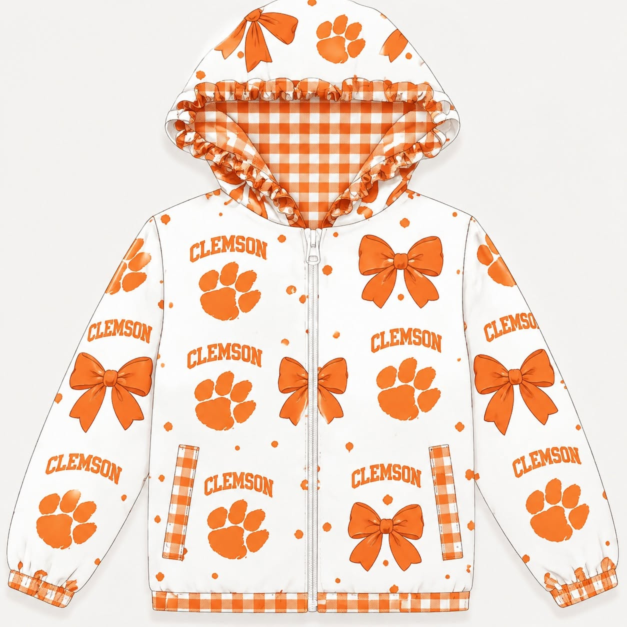 ( Moq 5 ) Preorder Baby Girl Kids Orange Bows Plaid Pockets Zipper Hoodie Jacket Coat Team Tops