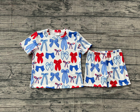 Baby Girls Short Sleeves Blue Red Bows Tops Shorts July 4th Clothes Pajamas Set RTS