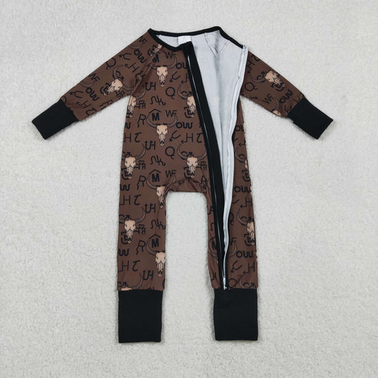 Kids Boy Long Sleeves Western Cow Aztec Zipper Footie Pajamas Romper RTS