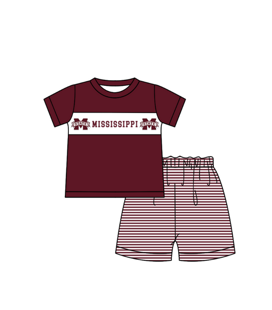 ( Moq 5 ) Baby Boys Toddler Short Sleeves M Shirt Dark Red Stripes Shorts Team Summer Set