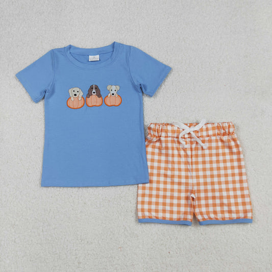 Baby Boy Short Sleeves Embroidery Dogs Pumpkins Shirt Plaid Ruffle Shorts Fall Set RTS