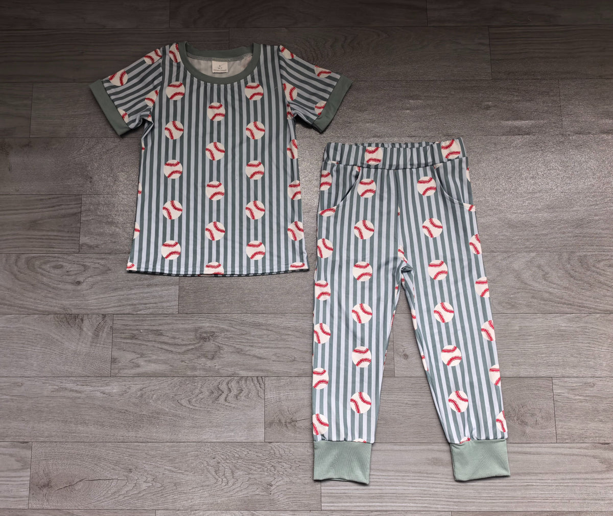 ( No moq ) Preorder Baby Boys Kids Short Sleeves Baseball Blue Stripes Shirt Pants Set Pajamas Clothes