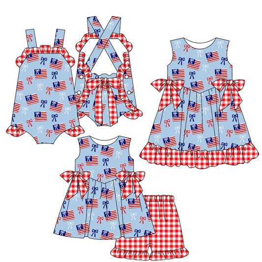 ( Moq 5 Each Style ) Baby Girls Kids Sleeveless Flags Bows Sibling 4th of July Romper Dress Set