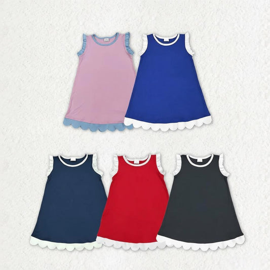 Sibling Baby Girls Kids Sleeveless Scallop Knee Length Dresses Cotton Clothes RTS