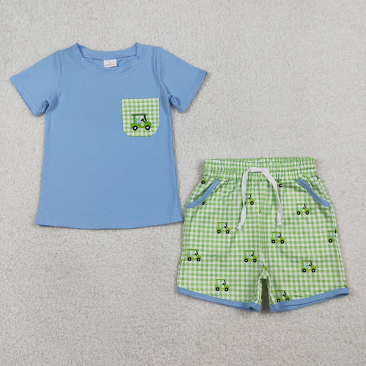 Baby Boys Short Sleeves Shirt Embroidery Golf Plaid Pockets Shorts Clothes Set RTS